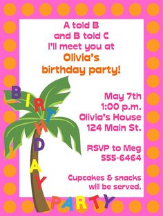 a birthday party flyer with a palm tree