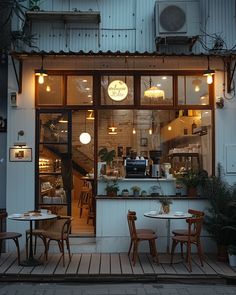 the outside of a restaurant with tables and chairs