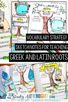 four notebooks with text that reads, vocaular strategy for teaching greek and latin roots