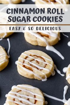 cinnamon roll sugar cookies with icing drizzled on top