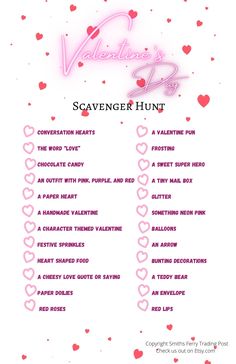 valentine's day scavenger hunt is shown in pink and red with hearts