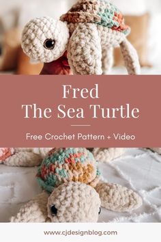 two crocheted stuffed animals sitting on top of each other with text overlay reading free the sea turtle