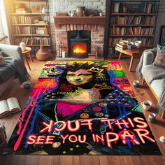 a living room with a rug that says, you're this see you in paris