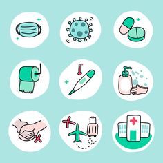 the illustrations show different types of medical supplies and hygiene items that people use to wash their hands