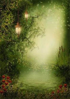 an image of a forest scene with flowers and lanterns