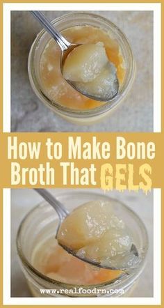 how to make bone broth that gels in glass jars with spoon and text overlay