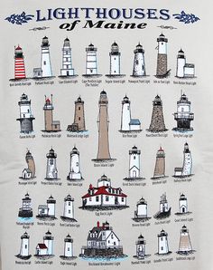 a white t - shirt with lighthouses of maine printed on it