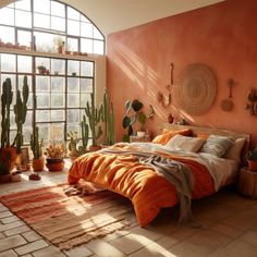 a bedroom with orange walls and cactus plants