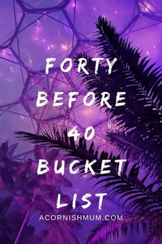 the words forty before 40 bucket list against a purple background with palm trees and lights