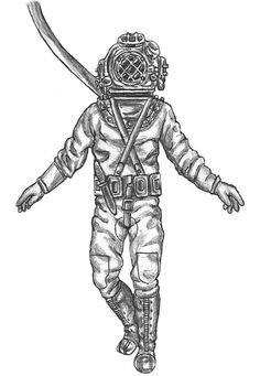 a black and white drawing of a person in space suit with two swords on his head