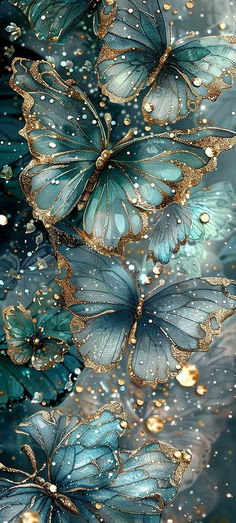 some blue butterflies with gold glitters on them and water droplets all over the wings