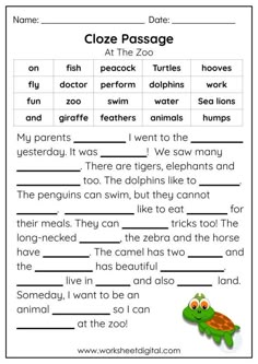 worksheet for reading the zoo animals