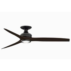 a ceiling fan that is on top of a white wall and it has two dark brown blades