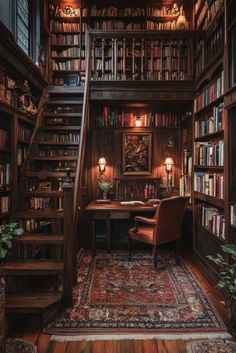 Featuring floor-to-ceiling bookshelves and a cozy reading chair, this small cabin office is perfect for book lovers. Click for more book-lover office nook ideas. Transform your reading nook into a cozy haven with these inspiring ideas! Discover our hand-poured book lover candles to enhance your reading experience. Perfect for bookworms and cozy corners.Shop our book lovers' candle collection now: Books Home Office, Comfy Home Library, Small Library With Fireplace, Cozy Office Library, Log Cabin Library, Ceiling To Floor Bookshelves, Bookstore Apartment, Cabin Office Design, Small Space Reading Nook