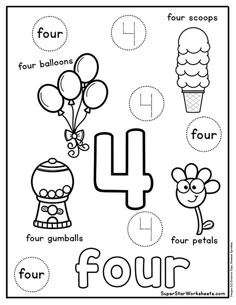 the number four worksheet for children to practice numbers 4 and 5, including balloons