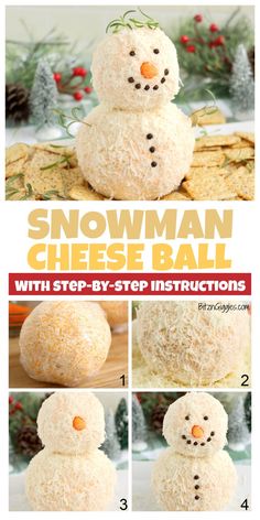 snowman cheese ball with step by step instructions