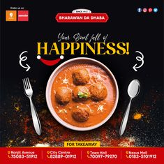 an advertisement for a restaurant with meatballs in a bowl and spoons on the side