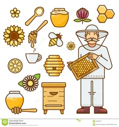 a beekeeper holding a honeycomb and beeshive, surrounded by other items