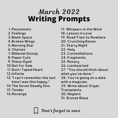 A list of writing 31 prompts for March Writing Prompts Monthly, March Poetry Prompts, Poem Tips, Smüt Prompts, Poem Starters, Tips For Writing Poetry, Poem Prompts, Poem Writing Prompts