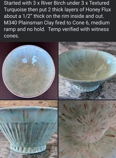 four pictures showing different stages of how to make a bowl with clay and paint on it