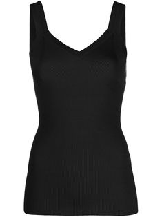 black cotton blend ribbed knit wide shoulder straps V-neck straight hem Ribbed Knit Tank Top, Boho Lifestyle, Top Clothes, Versace Shop, Knit Tank Top, Knitted Tops, Fashionable Outfits, Airport Fashion, Knit Tank