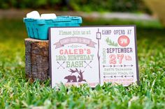 an outdoor birthday party is set up on the grass in front of a tree stump