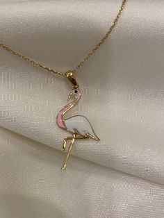 "ABOUT PRODUCT This 14K Gold with Enamel Flamingo Charm necklace is beautifully designed and hand crafted with our associates to make this a special gift for your loved ones. Knowing the value of our customers, We prepare each piece with extra care and attention.  ITEM DETAILS Material: 14K Gold Approx:  2.35 gram Available colors: Gold, Rose Gold, White Gold Available Sizes: 14\" to 20\" ✪ 14k Solid Gold ( Certification will be included with your order ) ✪Available 14K White, Yellow, Rose Gold Flamingo Pendant, Necklace Real Gold, Flamingo Necklace, Cute Gifts For Her, Zierlicher Ring, Stacked Necklaces, Solid Gold Necklace, Rose Gold White, Modern Necklaces