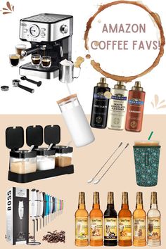 an assortment of coffee products with the words amazon coffee favs above them and below it