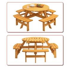 the picnic table is made from wood and has two benches