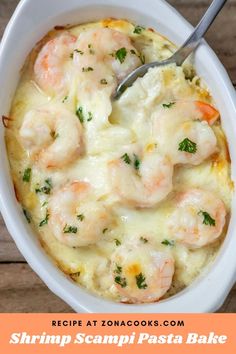 shrimp scampi pasta bake in a white bowl with a spoon on top