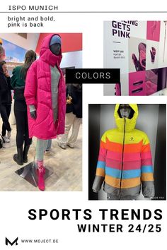 Get ready for vibrant slopes!  bright and bold  pink is back    read more    skiwear color trends, AW 24/25 fashion forecast, activewear color palette, winter   sportswear trends, ISPO 2024 colors Elegant Activewear, Color Palette Winter, Palette Winter, 2024 Colors, Jacket Trend, Trends 2025, Sheer Jacket