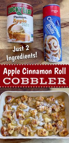 apple cinnamon roll cobbler recipe with just 2 ingredients in the background and text overlay