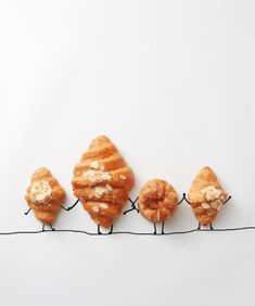 four croissants are lined up on a wire with nuts in the shape of birds