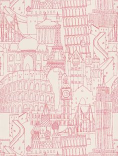 a pink and white wallpaper with many different types of buildings on it's sides