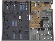 an overhead view of a gym room with treadmills, exercise equipment and tables