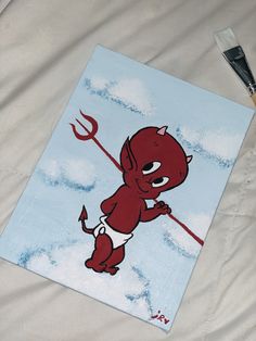 an acrylic painting of a red devil holding a pitchfork on a white sheet