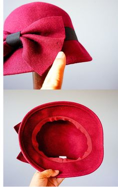 "DESCRIPTION * vintage hat from 1990s * Bucket style: round high crown with sloping downturned stiff brim * made with wool felt fabric * in deep red with a tint of purple * hatband is wrapped with a black grosgrain ribbon and embellished with a red bow * the bow can be worn to the side or to the back * tag reads \"One Size Body 100% Wool, Ribbon 100% Polyester\" CONDITION * Hat is in good clean condition with one spot of the insect bite mark, shown in the last photo. SIZE Hat circumference 22.5\ Vintage Winter Fedora For Party, Vintage Brimmed Fedora For Party, Vintage Fedora Mini Hat For Parties, Vintage Winter Party Fedora, Vintage Cloche Hat With Short Brim For Parties, Vintage Wide Brim Felt Hat For Party, Vintage Wide Brim Mini Hats For Winter, Retro Cloche Hat With Short Brim For Party, Retro Cloche Hat With Curved Brim For Party