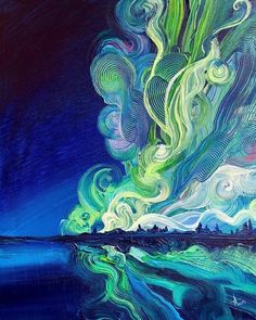 an abstract painting with green and blue colors on the water's surface is shown