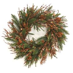 a christmas wreath with pine cones and berries