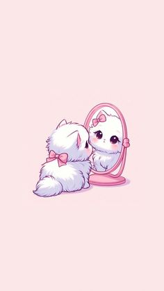 a small white dog sitting in front of a mirror