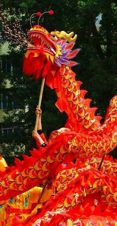 a person holding a stick in front of a red dragon float with trees in the background