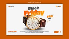 a black friday ad with a watch on the front and an orange back ground that says,