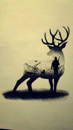 a drawing of a man standing next to a deer