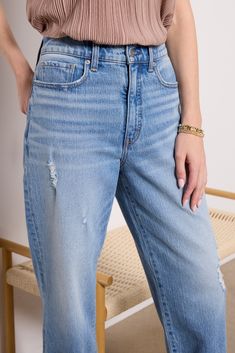 A bowed, tapered leg creates the chic silhouette of these EVEREVE barrel jeans, featuring a high-rise fit, ankle-length hems, and distressed cotton-blend denim for a vintage feel. Pair with a tee and slides during the day, then switch to a blouse and heels for a night-out look. Vintage Barrel, Barrel Jeans, During The Day, The Chic, Denim Vest, Get Dressed, Tapered Legs, Ankle Length, Barrel