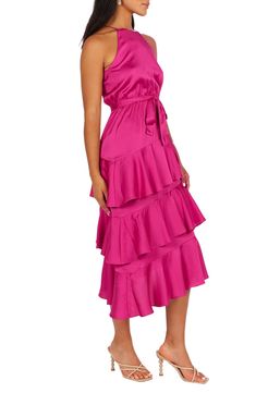 Flamenco-inspired ruffled tiers are sure to put some sashay in your step wearing this party-ready frock crafted of lustrous satin. Back keyhole with button-and-loop closure Square neck Sleeveless, with cutaway shoulders Removable sash Partially lined 100% polyester Hand wash, line dry Imported Dressy Satin Dress With Ruffles, Flirty Tiered Dress With Ruffle Hem For Party, Tiered Midi Dress For Spring Party, Pink Tiered Ruffle Dress For Party, Tiered Ruffle Dress For Party, Tiered Ruffle Dress With Ruffle Hem For Party, Tiered Ruffle Hem Dress For Party, Party Satin Dress With Ruffles, Party Dresses With Ruffle Hem And Tiered Shape