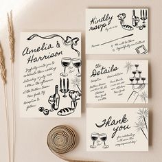 wedding stationery with hand drawn wine glasses and menus for guests to write their names