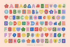 the alphabet is made up of different letters and numbers, all in bright colors on a pink background