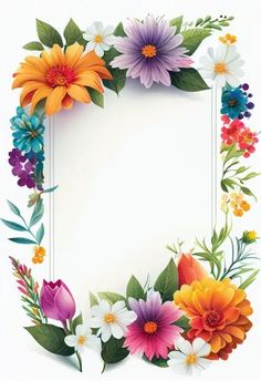 colorful flowers are arranged in the shape of a square frame with leaves and flowers around it