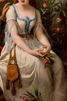 a painting of a woman sitting in front of flowers with a purse on her shoulder