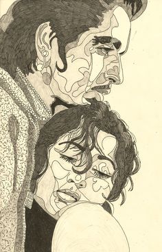 a drawing of two people with their faces close together